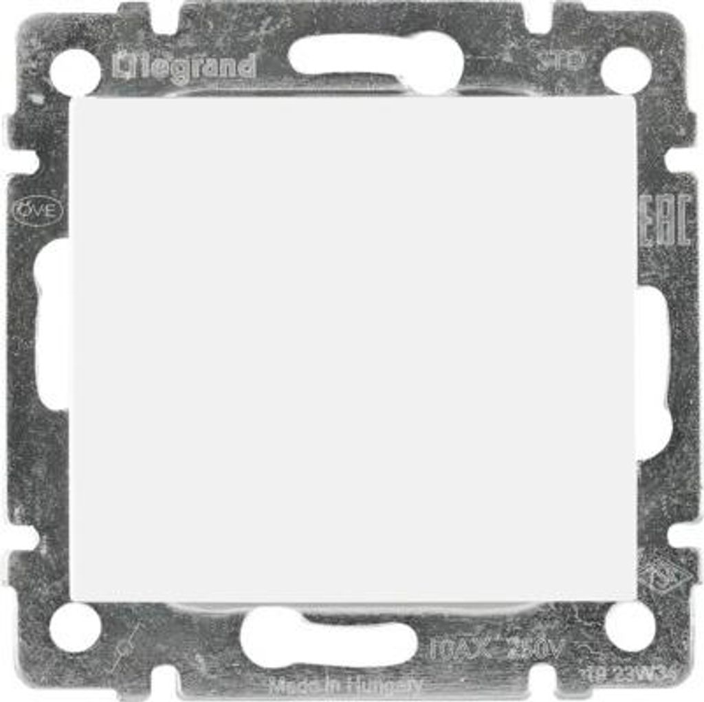 A close-up, front-facing view of a white electrical switch frame with a metallic border.