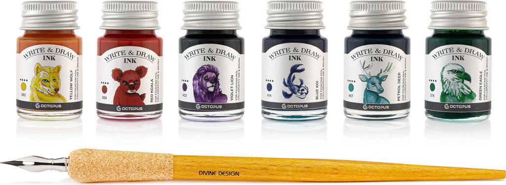 Write and Draw Ink Set RAINBOW, Zeichentusche, 6 x 10 ml mit Schreibfeder