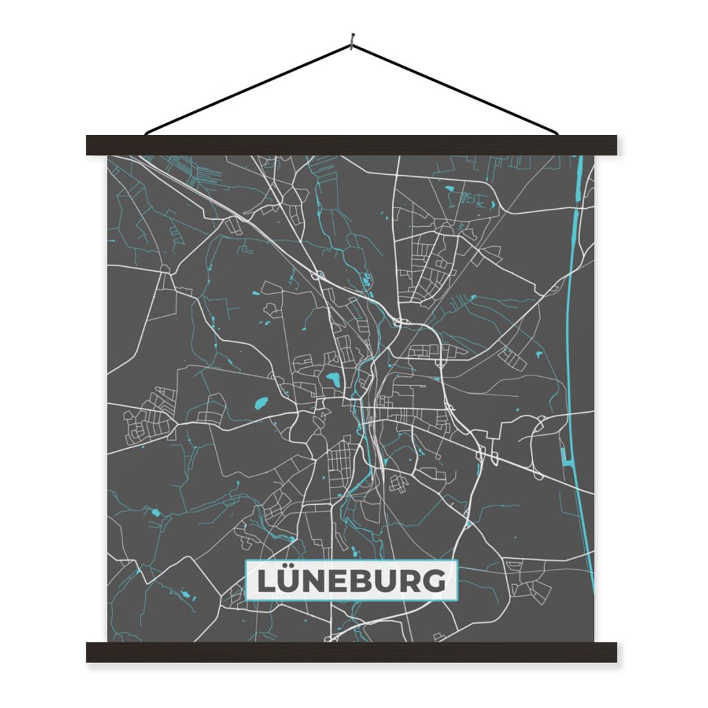 MuchoWow Textilposter Stadtplan - Lüneburg - Deutschland - Karte 120x120 cm mit schwarzem Rahmen - Aufhängungsset