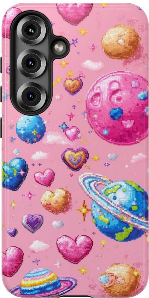 Pixel-Herzen und Planeten – Hülle Kompatibel mit Samsung Galaxy S25