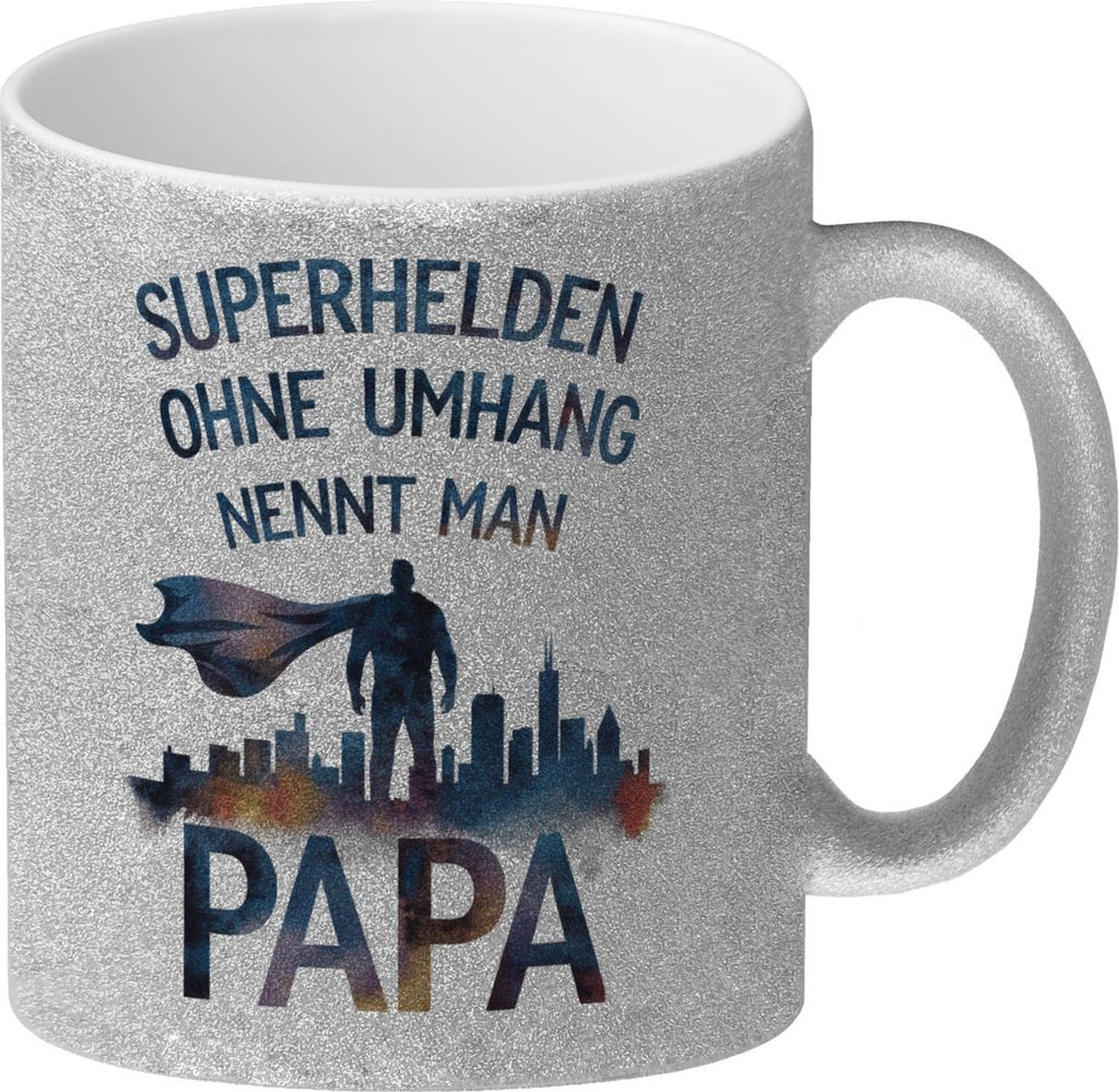 Superhelden Papa Umhang Glitzer-Kaffeebecher