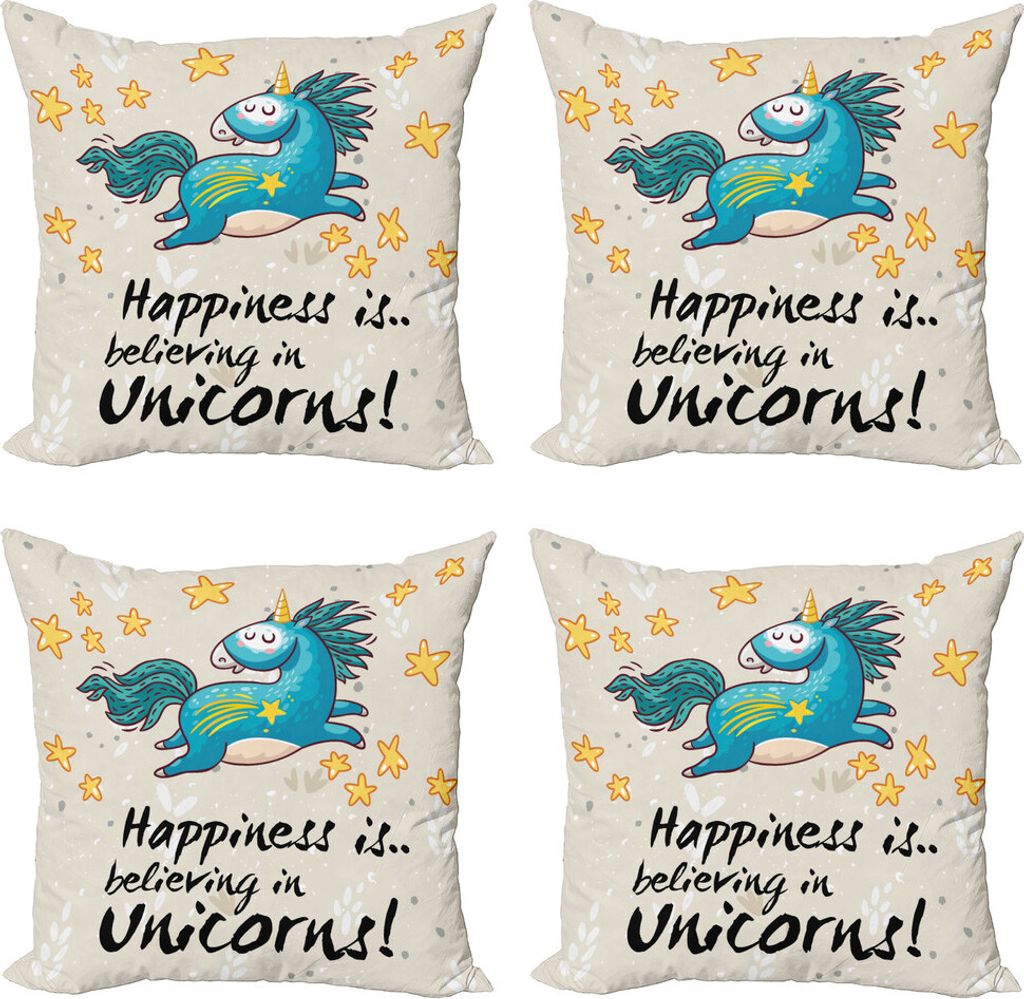ABAKUHAUS Einhorn Kissenbezug Set (4 Stück), Wörter Glück für Kinder, Moderner Doppelseitiger Digitaldruck, 45 cm x 45 cm, Gelb / Blau