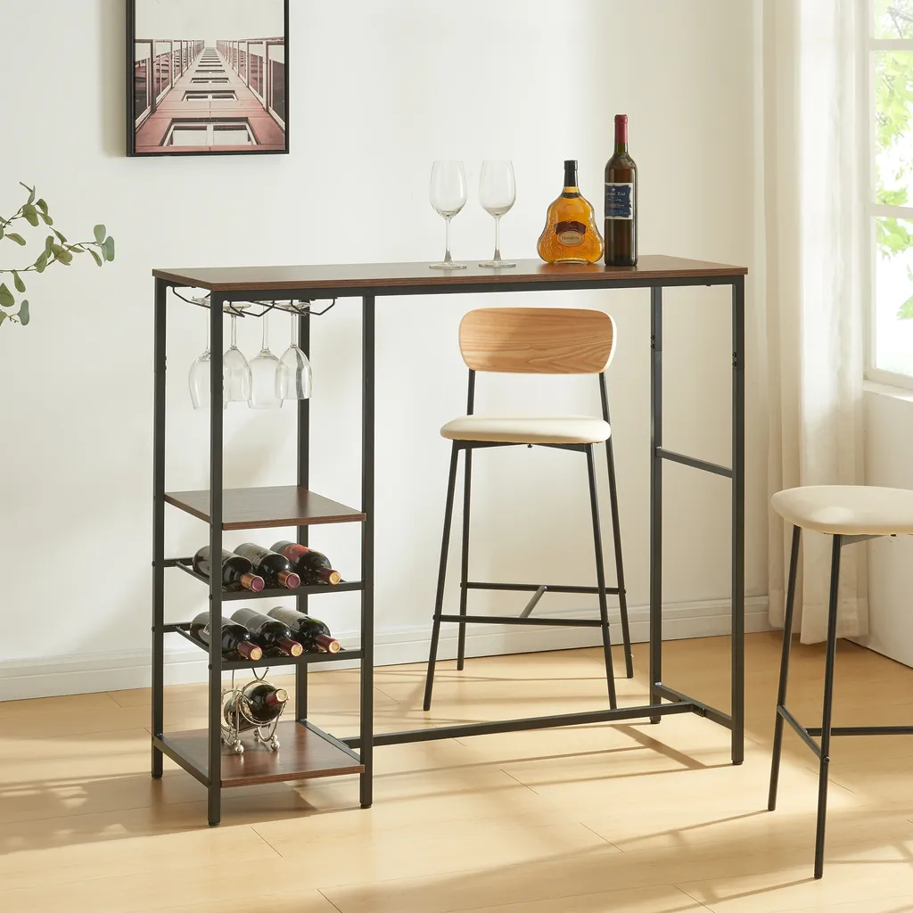 Table de bar Stjørdal avec porte-bouteilles aspect noyer 120x40x105 cm