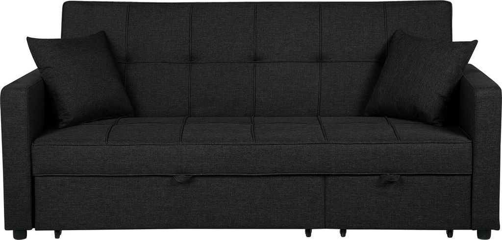 BELIANI 3-Sitzer Sofa Schwarz Stoffbezug Gesteppt mit Schlaffunktion 2 Dekokissen Schmale Armlehnen Modern Wohnzimmer Schlafsofa Polstersofa