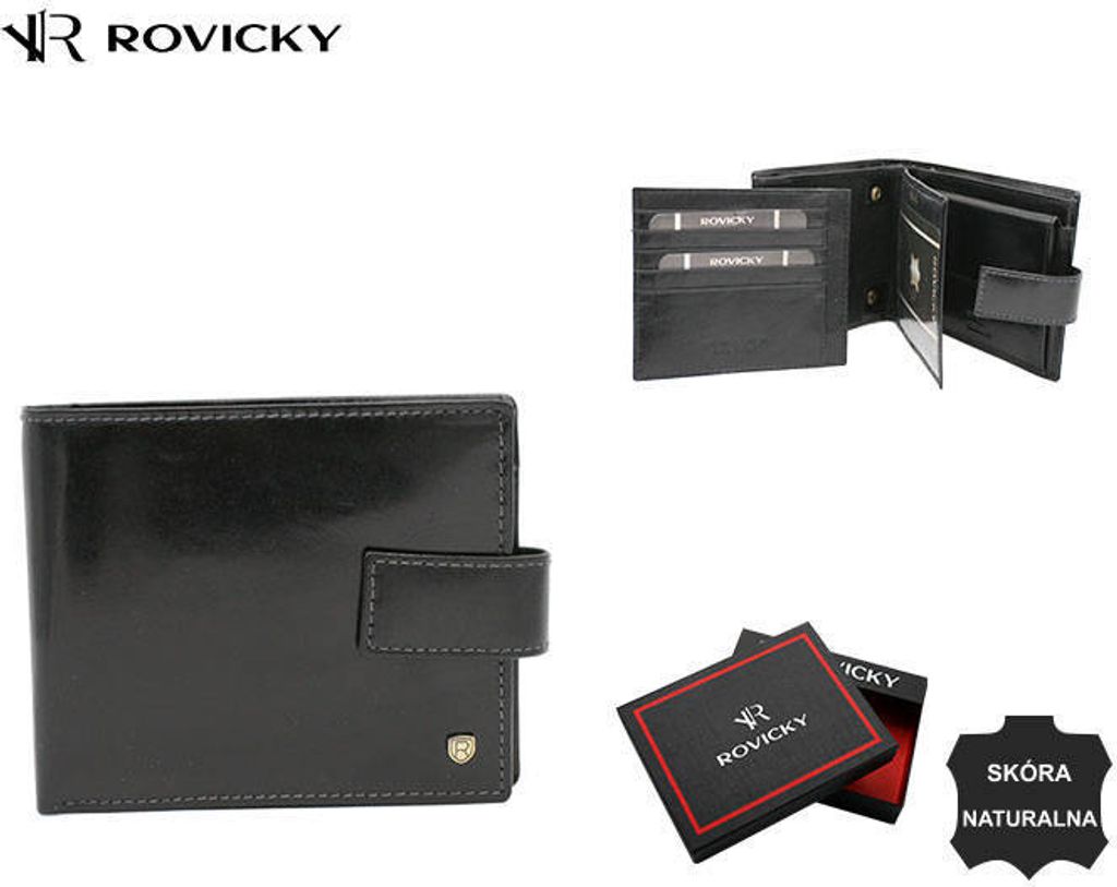Rovicky | Großes Portemonnaie, mit Lederverschluss, für Männer, Schwarz, 12.5x10.5 cm