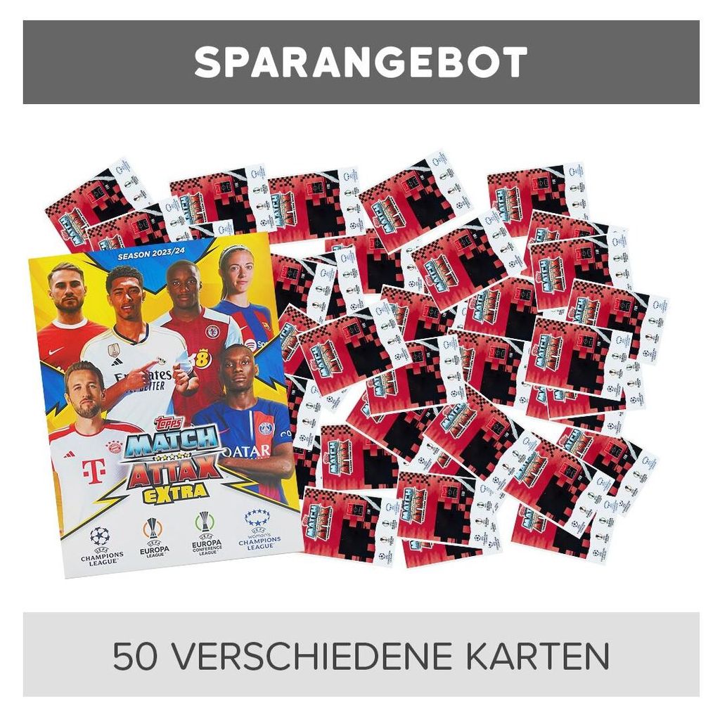 Match Attax Champions League 2023/24 EXTRA - Trading Cards - 1 Leere Sammelmappe + 50 verschiedene, zufällige Karten