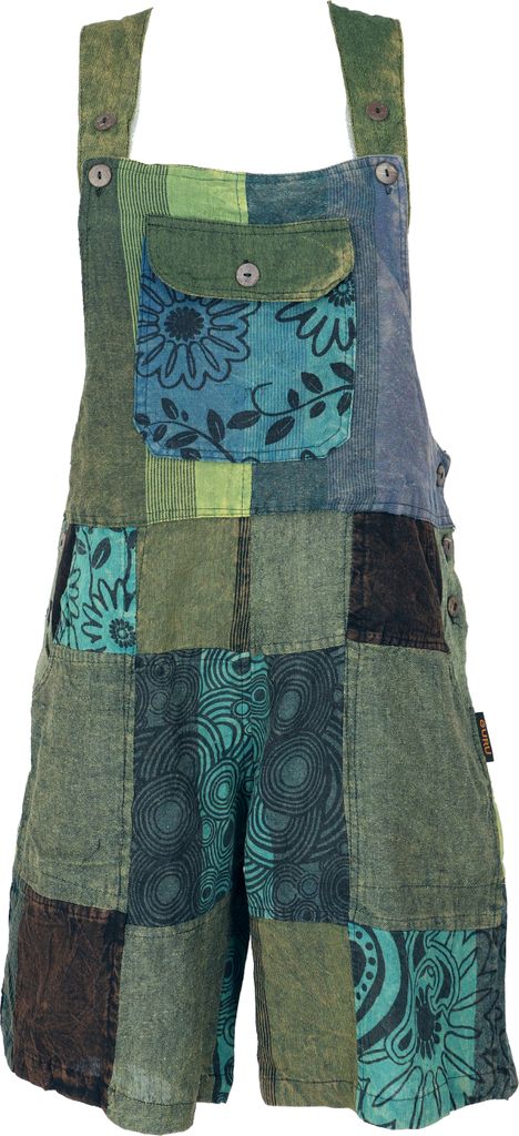 Goa Shorts, Kurze Patchwork Latzhose, Boho Latzhose - Grün, Damen, Baumwolle, Größe: XL