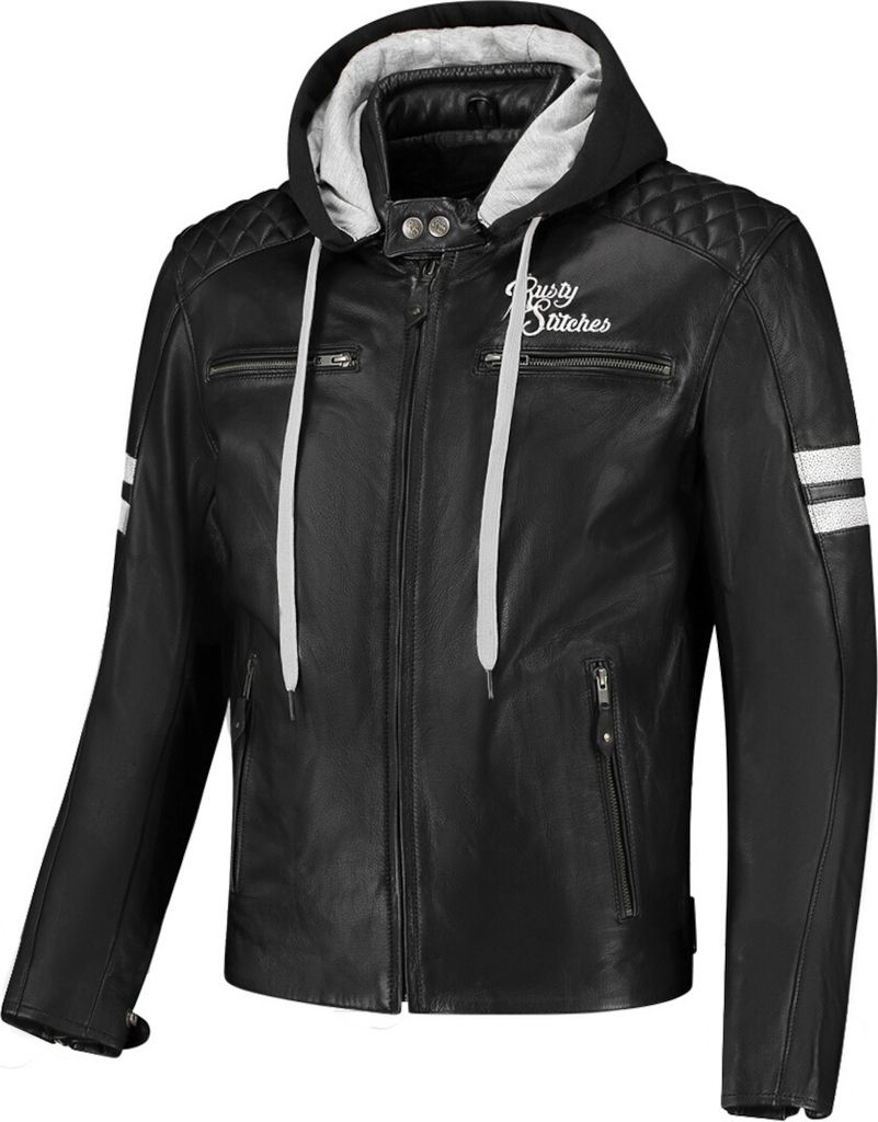 Rusty Stitches Jari Hooded V2 Motorrad Lederjacke, schwarz/weiß, S