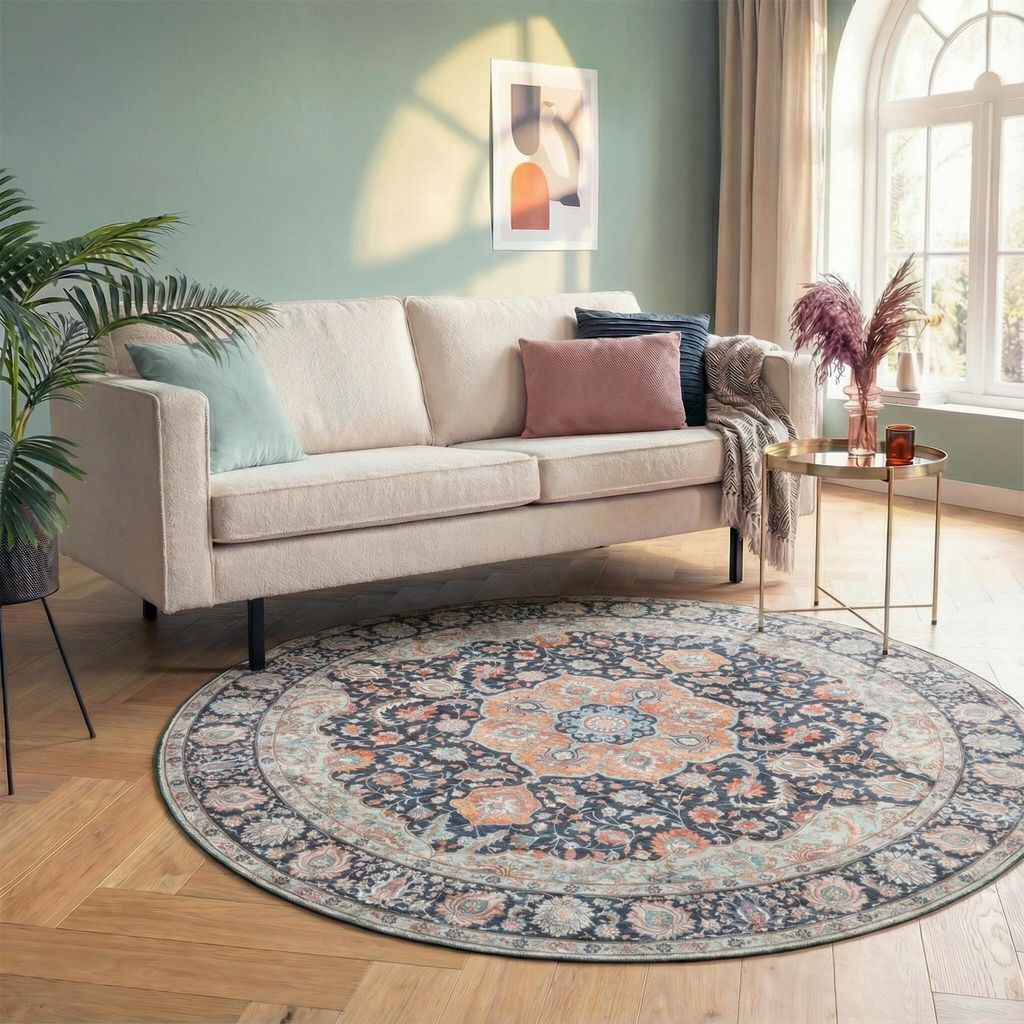 Volero - Teppich Vintage Rund - Imagine Medaillon Blau - Ø 200 cm - Wohnzimmer, Esszimmer, Schlafzimmer - Orientalisch