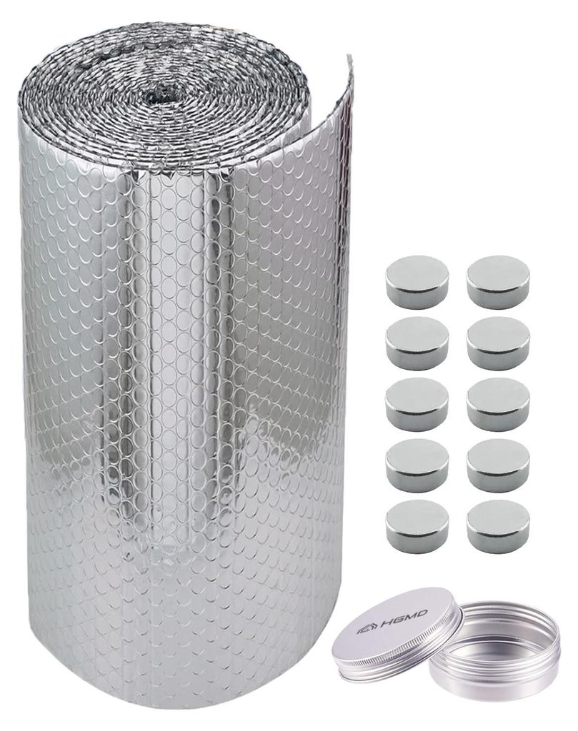 A roll of silver insulating foil and a group of small silver cylinders.