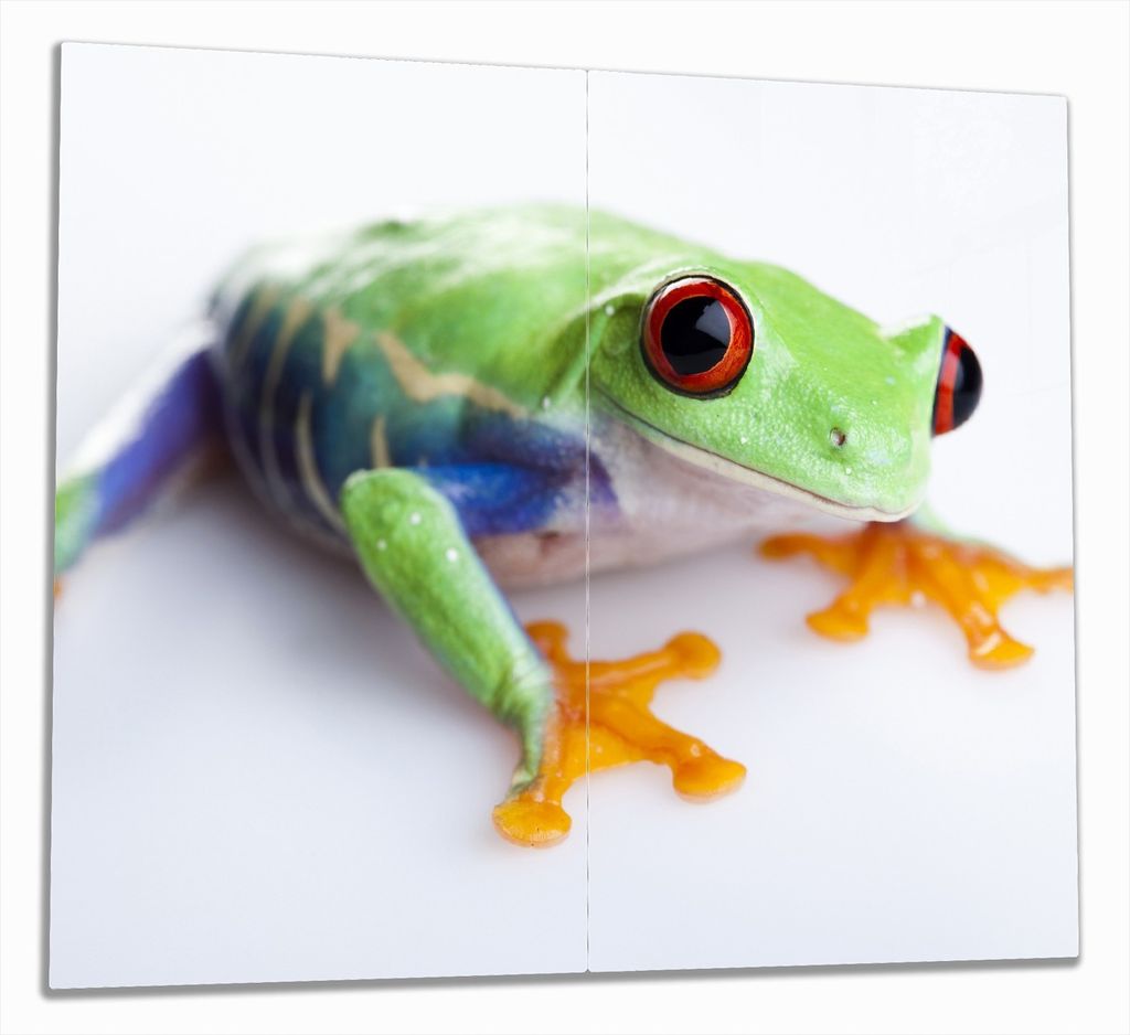 Wallario Herdabdeckplatte aus Glas, Größe 60 x 52 cm 2-teilig, Motiv Lustiger Frosch in grün und orange