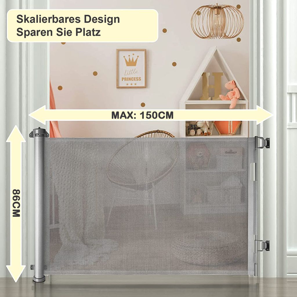 Suusolny Treppenschutzgitter Ausziehbar 0-150 Cm Babys&Haustiere Absperrgitter Türschutzgitter Treppenschutzrollo,Tierschutzgitter Kinderschutzgitter Geeignet Für Treppen,Türen,Innen Außen - Weiß
