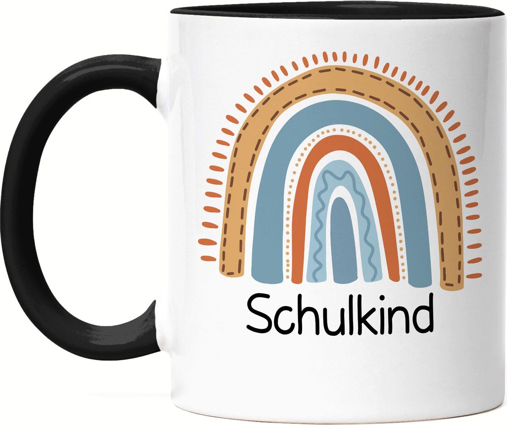 Schulkind Tasse Schwarz Einschulungsgeschenk Grundschule 1. Klasse Schulstart Regenbogen Motiv