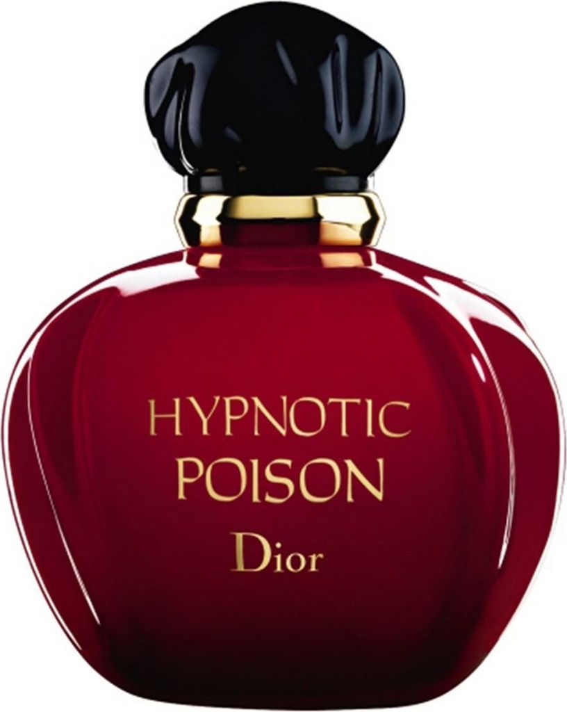 A studio shot of a red Dior Hypnotic Poison perfume bottle with a black cap and gold accents.