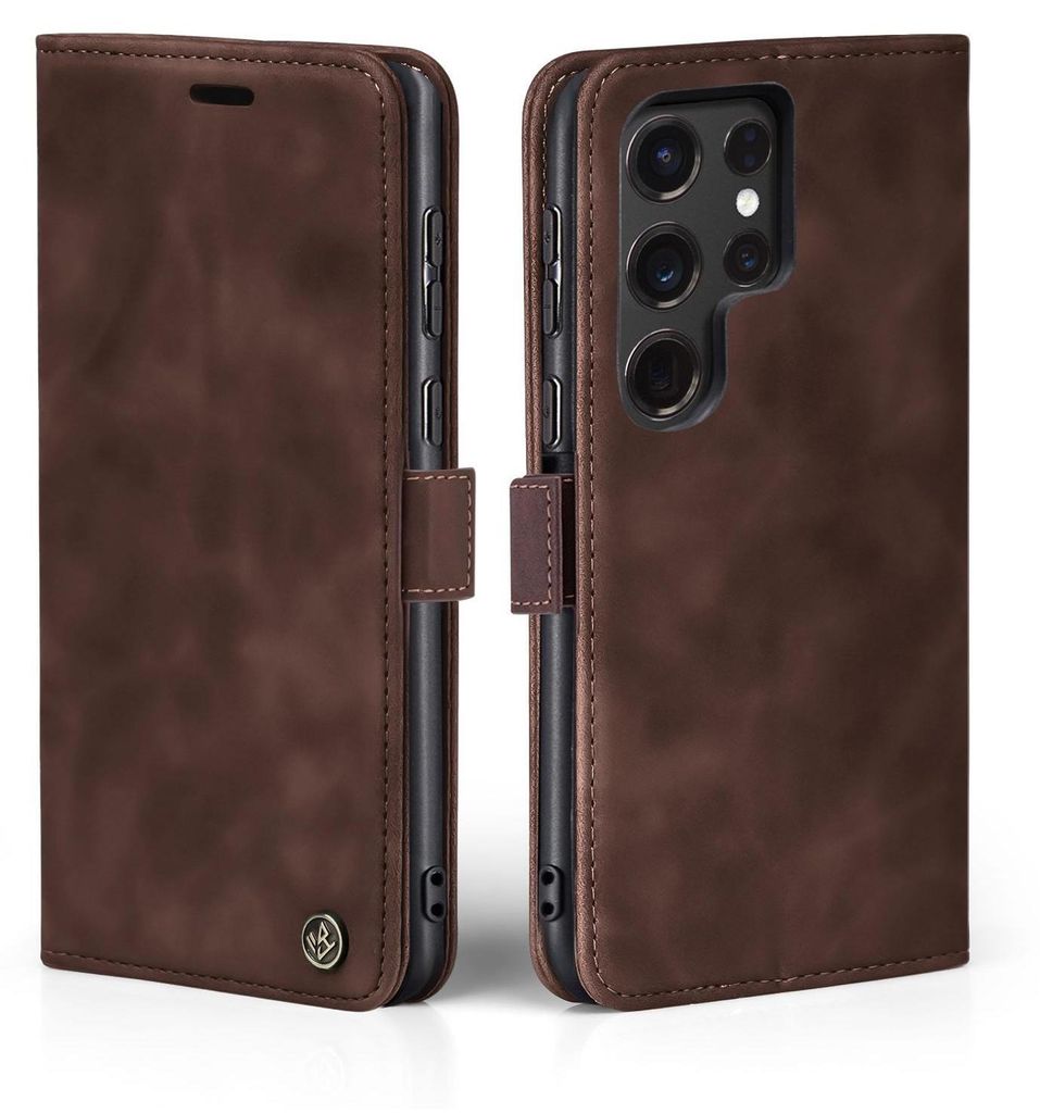 A brown leather flip case for a smartphone is shown from the side and front.