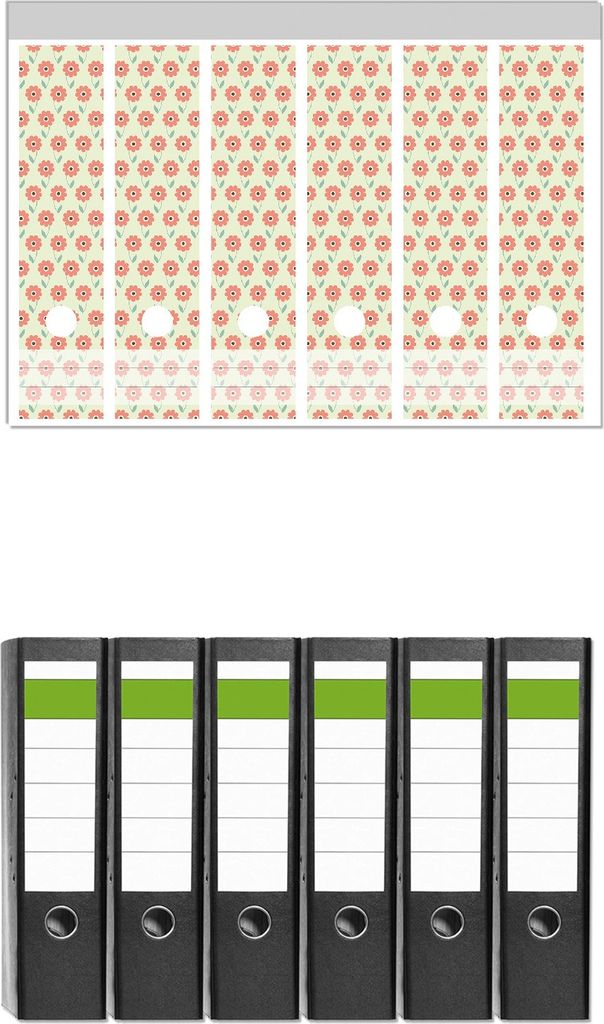 Wallario 6 Stück breite Ordner inkl. Klebeetiketten mit Motive Muster mit roten Blumen und grünen Blättern - Set mit Rückenschildern / Ordnerr...