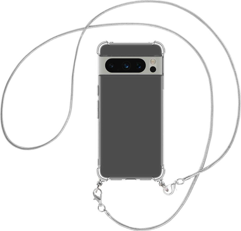Handykette Backcover-Schutzhülle mit Band (Metall silberfarben) für Google Pixel 8 Pro (6.7'') - silberfarbene Snake-Kette