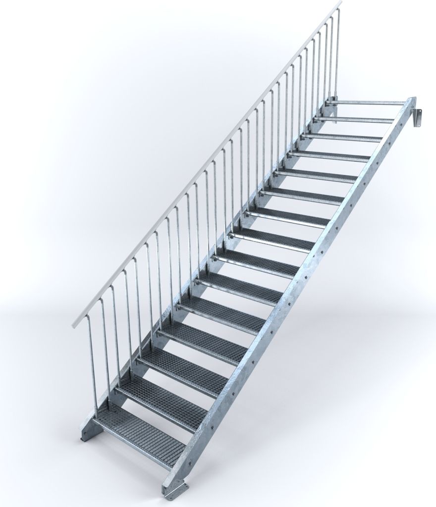 Stahltreppe 15 Stufen bis Höhe 300 cm, Laufbreite : 100 cm Geländer links ST 2 (31 / 31 mm gezackt)