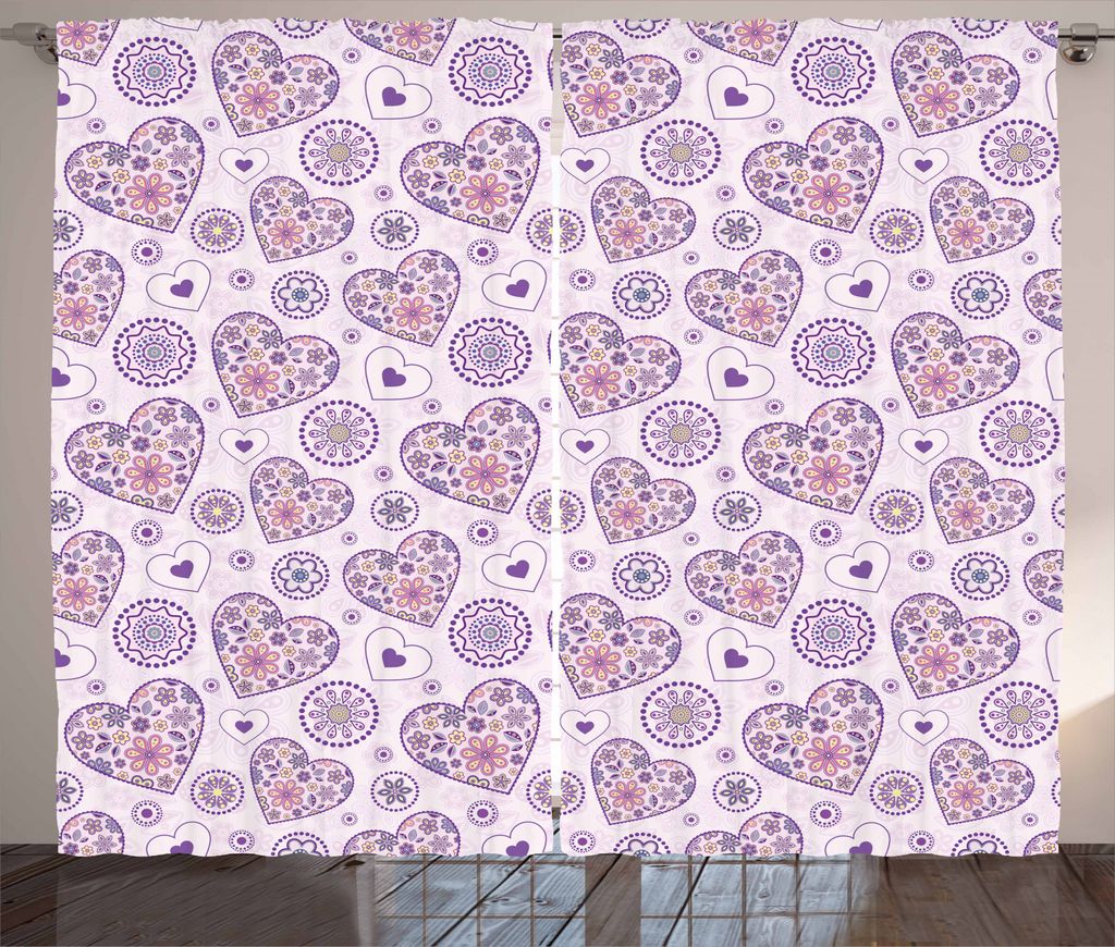 ABAKUHAUS Valentines Rustikaler Gardine, Herzen mit Blumen, Schlafzimmer Kräuselband Vorhang mit Schlaufen und Haken, 280 x 245 cm, Gelb Lila Pink