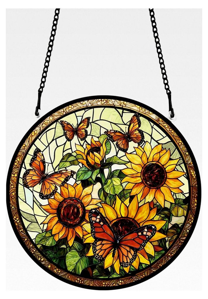 Sonnenfänger aus Acrylglas mit Sonnenblumenmotiv und buntem Schmetterling für Terrasse und Garten, zum Aufhängen als Baumschmuck oder Fensterdek...