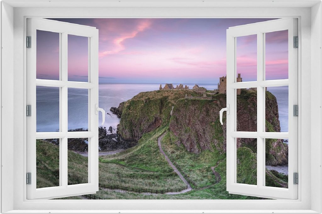 Wallario Wandbild mit Fenster-Illusion: Schloss am Meer, Größe: 61 x 91,5 cm, Poster mit rahmenlosen Bildhalter