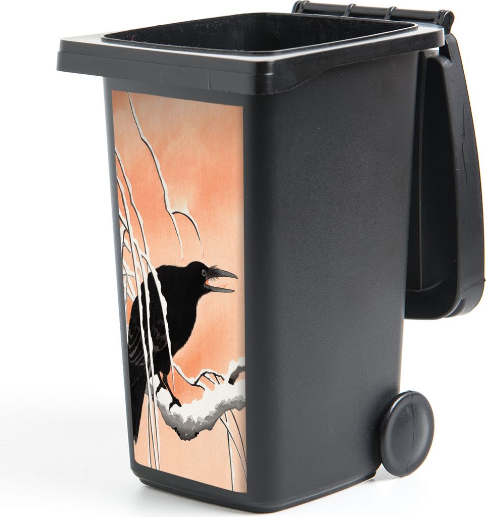 MuchoWow Mülltonnenaufkleber Krähe - Zweig - Vintage - Japanisch 38x80 cm - Behälteraufkleber - Mülleimer-Aufkleber - Container-Aufkleber