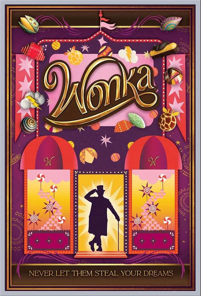 Poster de film Wonka avec cadre argenté 61x91,5 cm Décoration murale