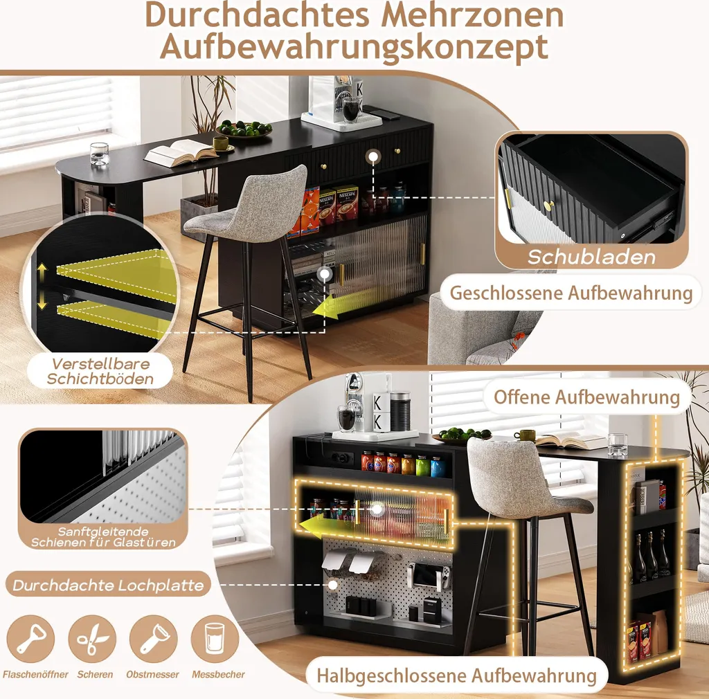 Mange-debout pivotant extensible noir avec buffet et éclairage LED