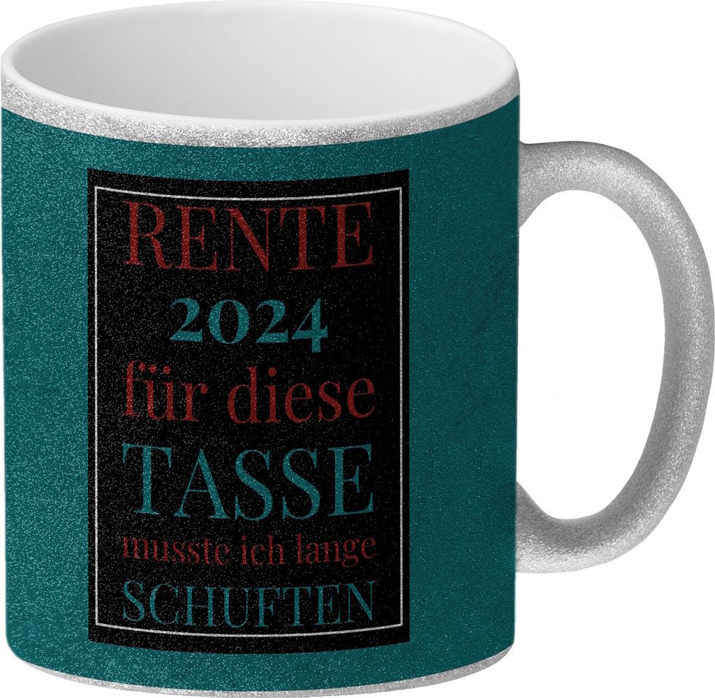 Rente 2024 Glitzer-Kaffeebecher eine bunte Tasse für Rentner in blau