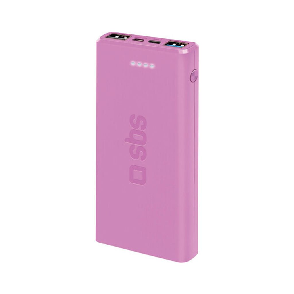 A pink power bank is shown against a white background.