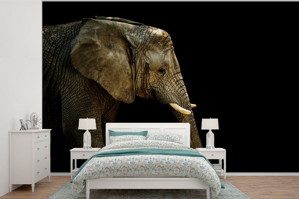 MuchoWow Fototapete für Wohnzimmer oder Schlafzimmer Wandtapete Vinyl Motivtapete Elefant - Falten - Schwarz - 525x350 cm - Das Hintergrundbild