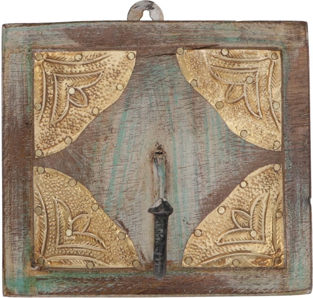 Garderobenhaken, Holz Kleiderhaken im Kolonialstil - Design 1, Braun, Holz,Messing, 10,5*10,5*2 cm, Wandhaken aus Holz, Metall & Keramik