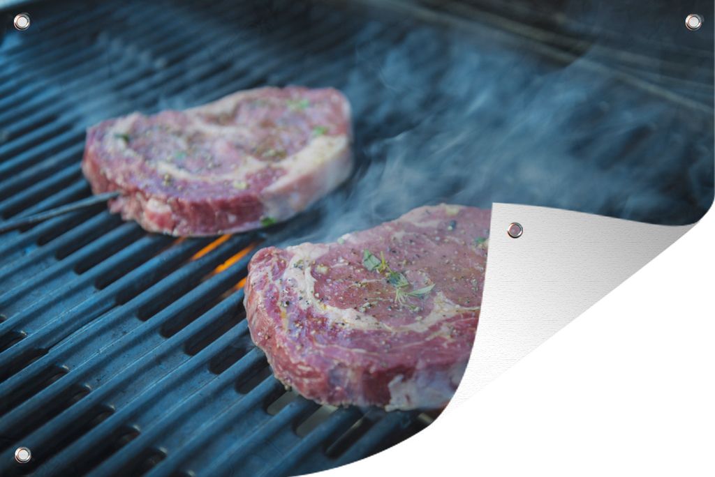 MuchoWow 120x80 cm Outdoor-Poster Gartendeko Sichtschutz Garten Poster für den Garten Fleisch auf dem Grill