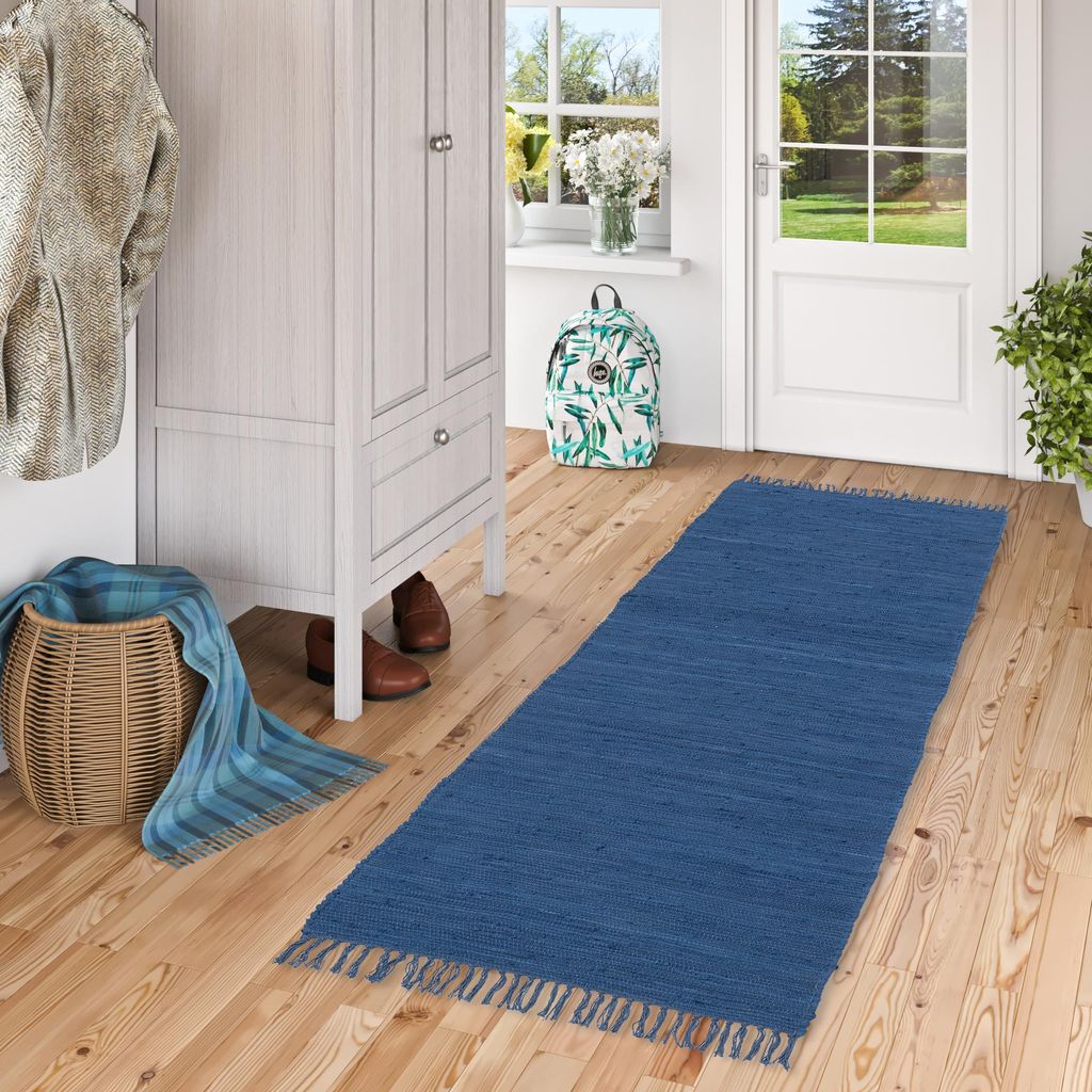 Baumwolle Natur Teppich Läufer Jolly Baumwolle Dunkelblau, Größe:70x250 cm