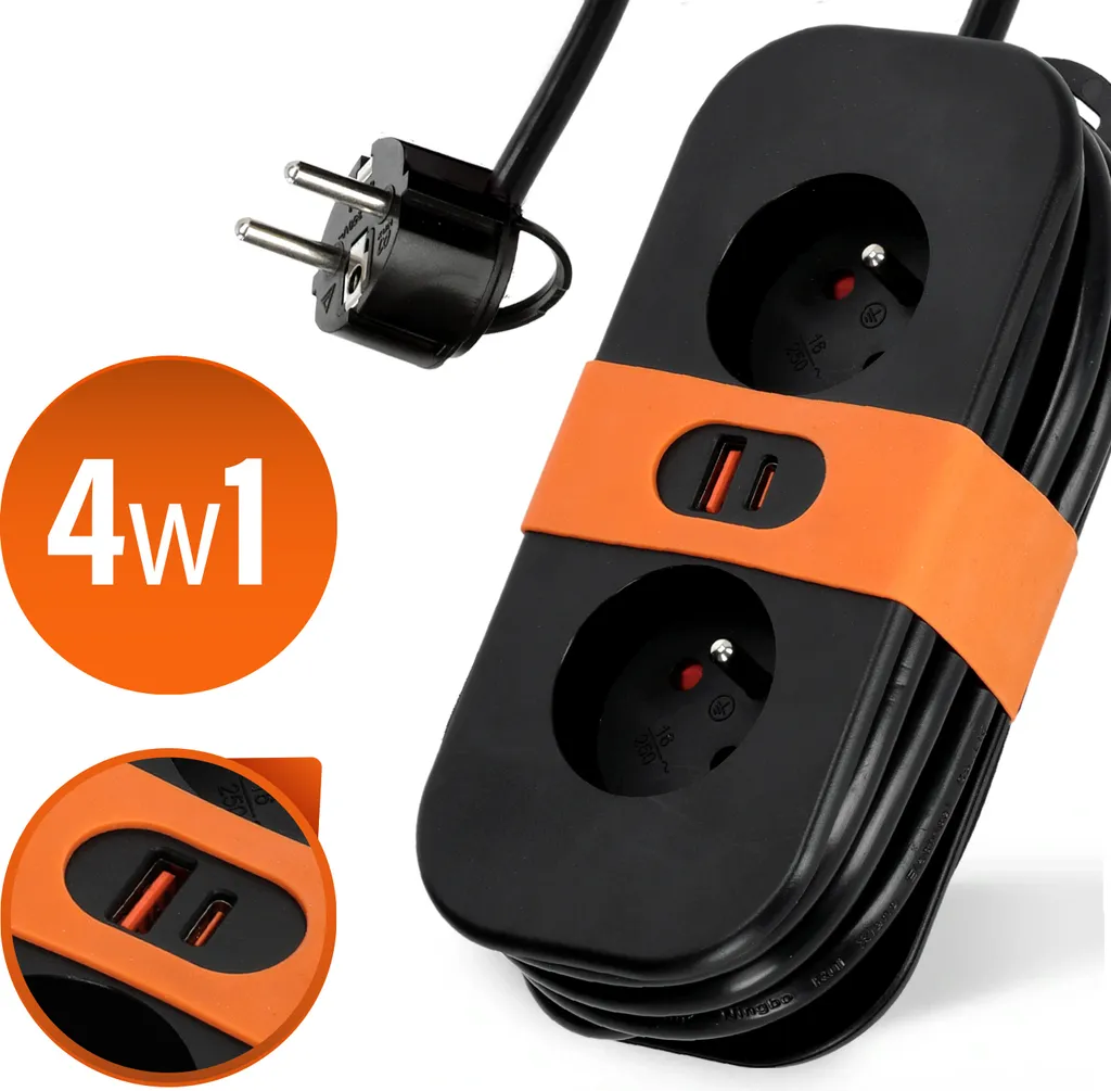 Rallonge multiprise FLOWFLEXER ORANGE B 2 prises avec ports USB A et C
