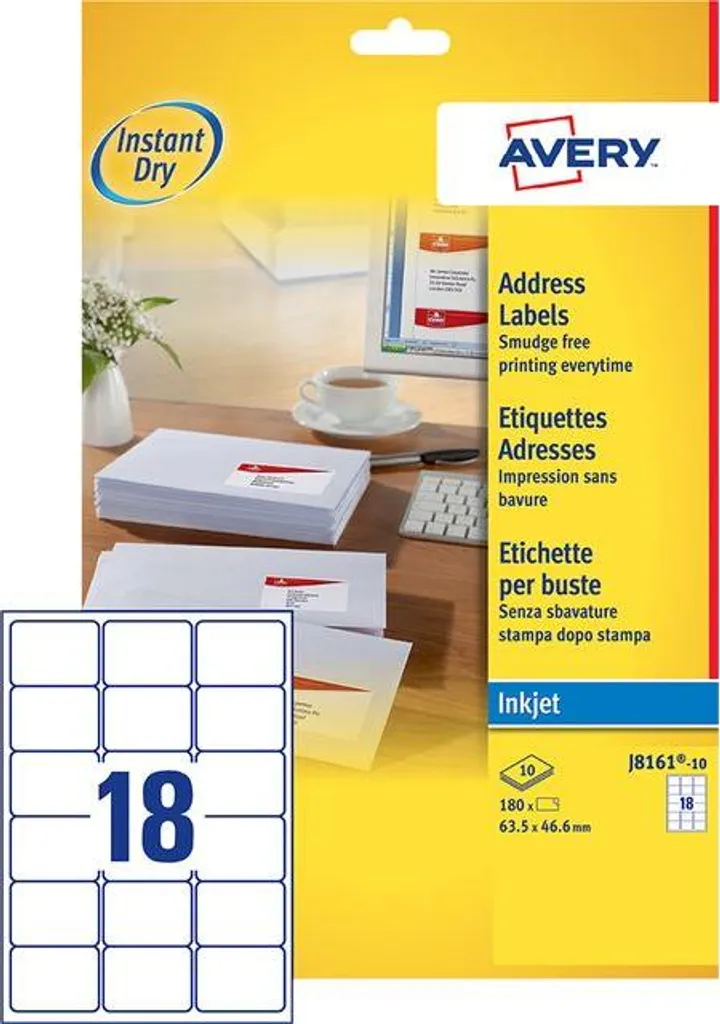 Étiquettes Autocollantes pour Adresses Avery J8161-10 Format Moyen