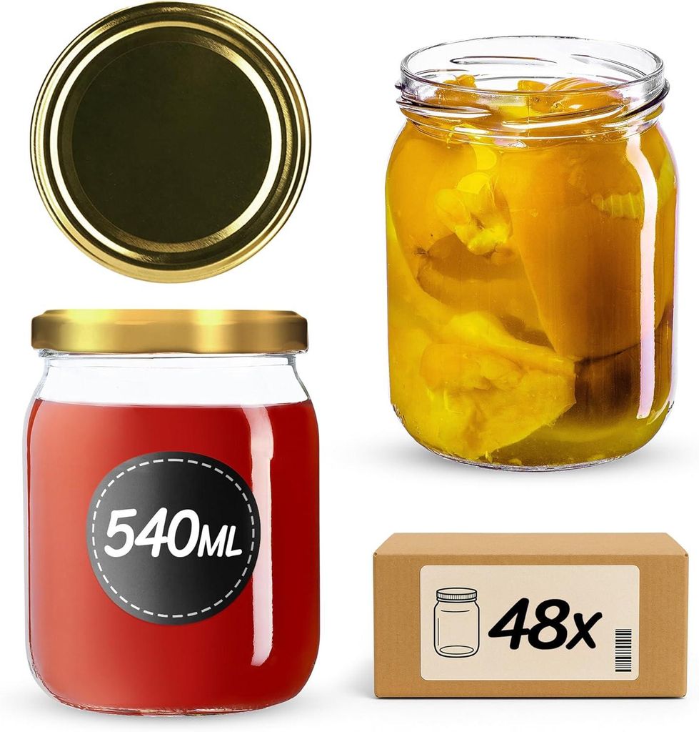 A collage of images showing glass jars, a jar lid, and a cardboard box.