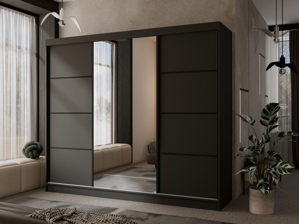 Modern Kleiderschrank mit Spiegel Matteo II 250 cm Spiegelschrank mit 3 Schiebetüren weiß Schrank Garderobenschrank, Farbe: Schwarz, Schwarz Alum...