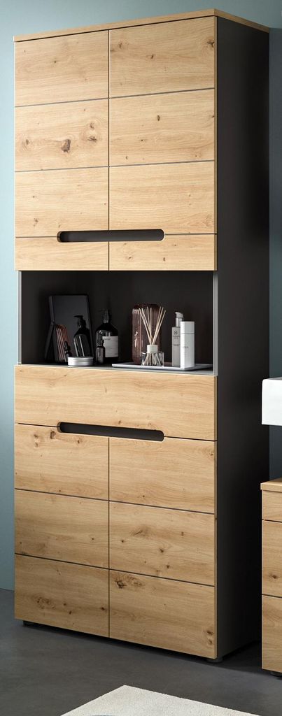 Badezimmer Hochschrank "Cooper" in Artisan Eiche und grau Badschrank 76 x 193 cm, Soft-Close