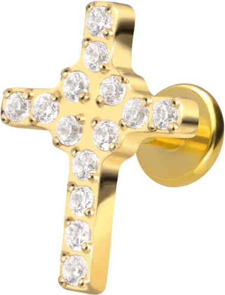 Ohrpiercing, Nasenpiercing Titan Labret mit Innengewinde KRISTALLKREUZ Gold Stablänge: 8mm | Stabstärke: 1,2mm