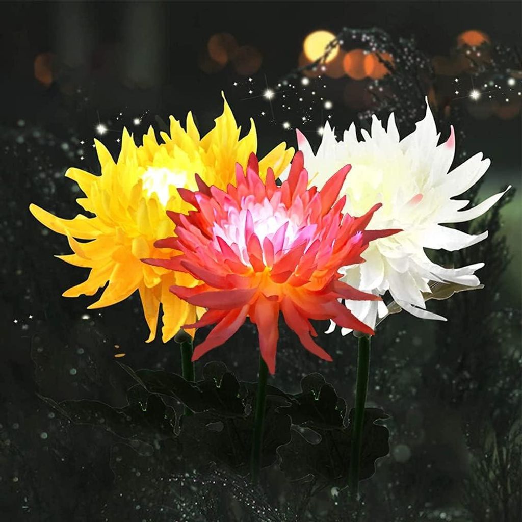 Solarbetriebene Gartenleuchten mit Erdspieß, 3er-Pack, Chrysanthemenblüten-Solarleuchten, wasserdichte LED-Solar-Dekorationsleuchten für Gartenw...