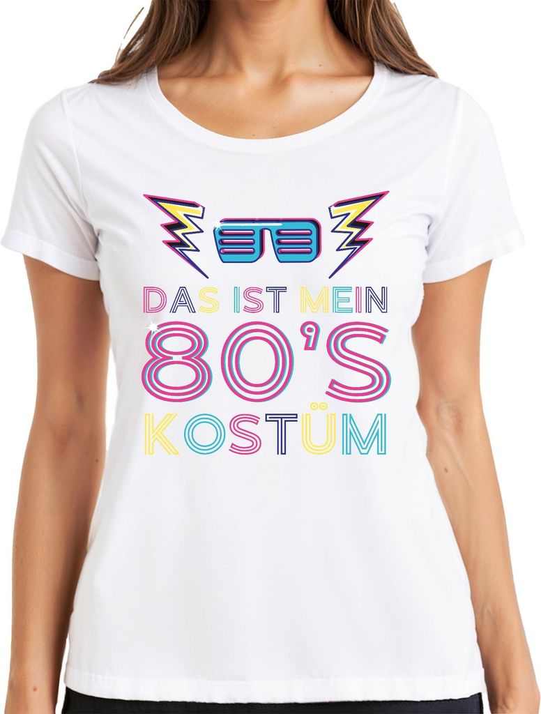MEIN 80'S KOSTÜM 80er Jahre Retro Neon Party Karneval Brille Damen T-Shirt, Weiß, XL