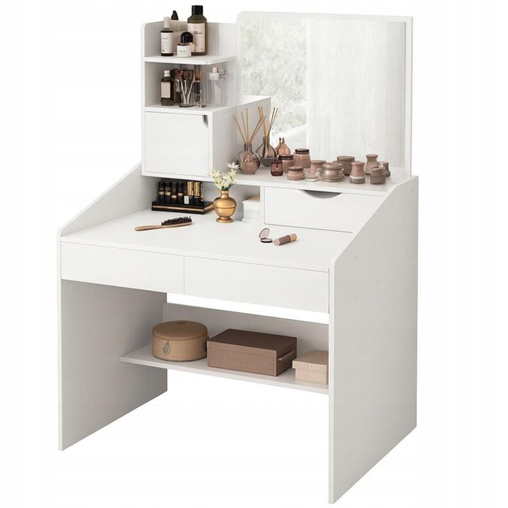 Schminktisch mit Spiegel, weiß, glamouröses Make-up, mit Schubladen, skandinavisch, modern