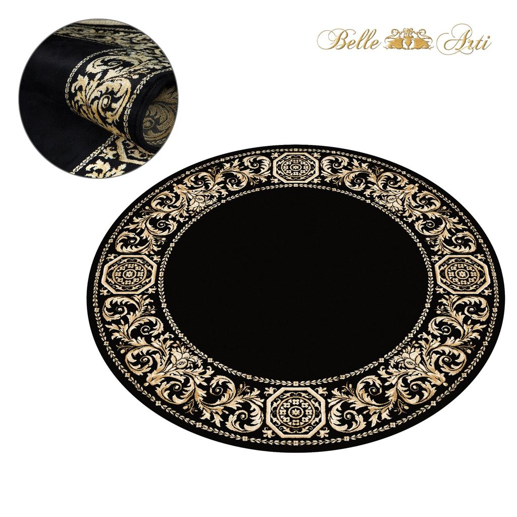 Luxus Teppich Rund in Barock Stil Schwarz-Gold aus 100% Viskose 200 cm Ø