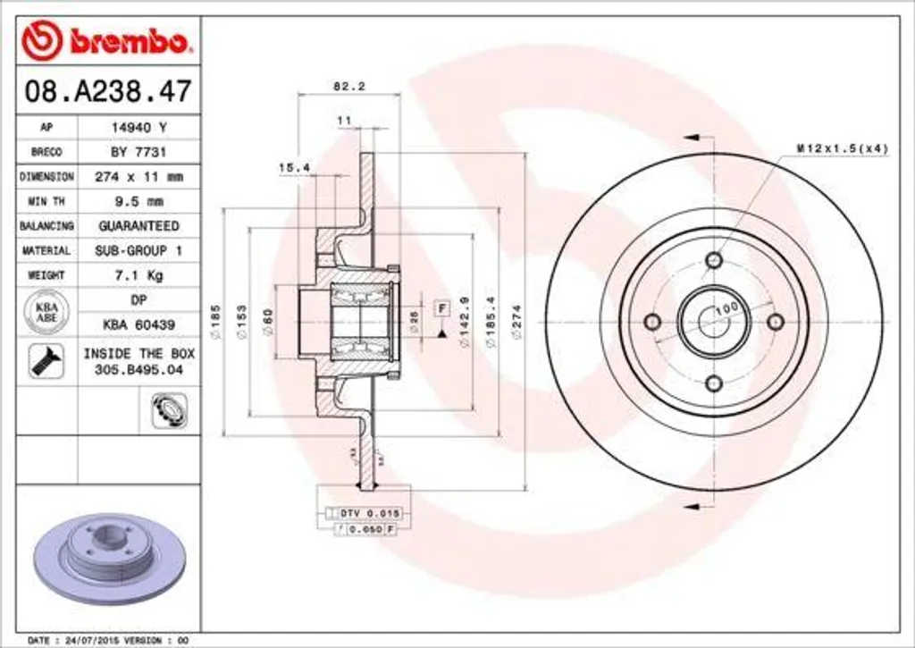 Disque de Frein Arrière pour Megane Scenic I Brembo 08.A238.47 Qualité OE