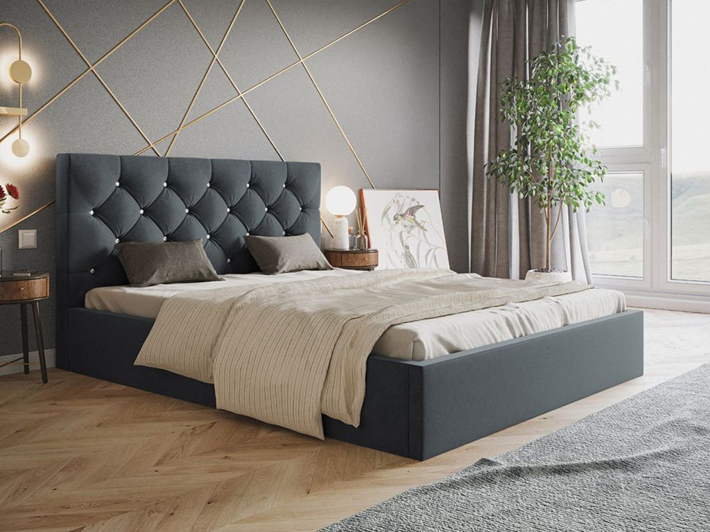 GrainGold Polsterbett Selva 160x200 cm - Bett 160x200, Polsterbett mit Bettkasten & Lattenrost - Dunkelgrau ( Jasmine 96)