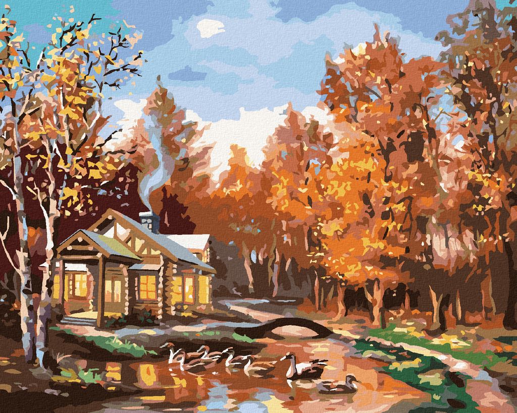 Zuty - Malen nach Zahlen - HÜTTE IM HERBSTWALD UND ENTEN (D. RUSTY RUST), 40x50 cm, mit Keilrahmen (bereits gespannt)