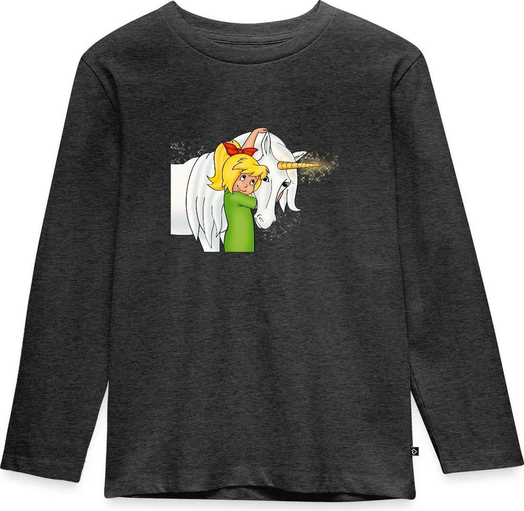 Spreadshirt Bibi Blocksberg Mit Einhorn Goldhörnchen Kinder Premium Langarmshirt, 98/104 (2 Jahre), Anthrazit meliert