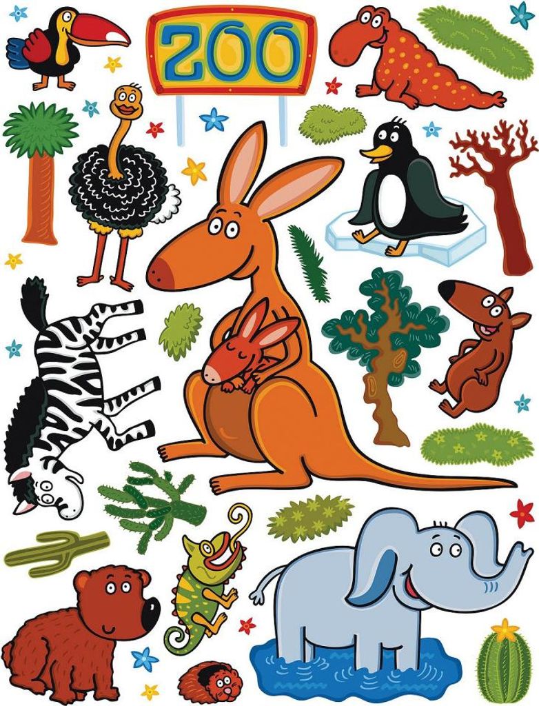 Sticker Känguru, Zebra, Elefant und andere Tiere - 1 Bogen 65 x 85 cm
