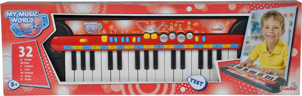 The image shows the retail packaging of a toy keyboard, with a picture of a child playing a similar keyboard on the box.